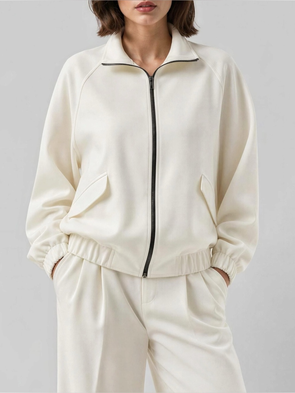 LILYSILK Silkerry Silk-Wool Sweat Jacket With Pockets, Natural White, Large
